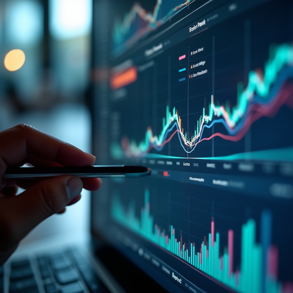 Close-up of a data visualization dashboard showing charts and trend lines