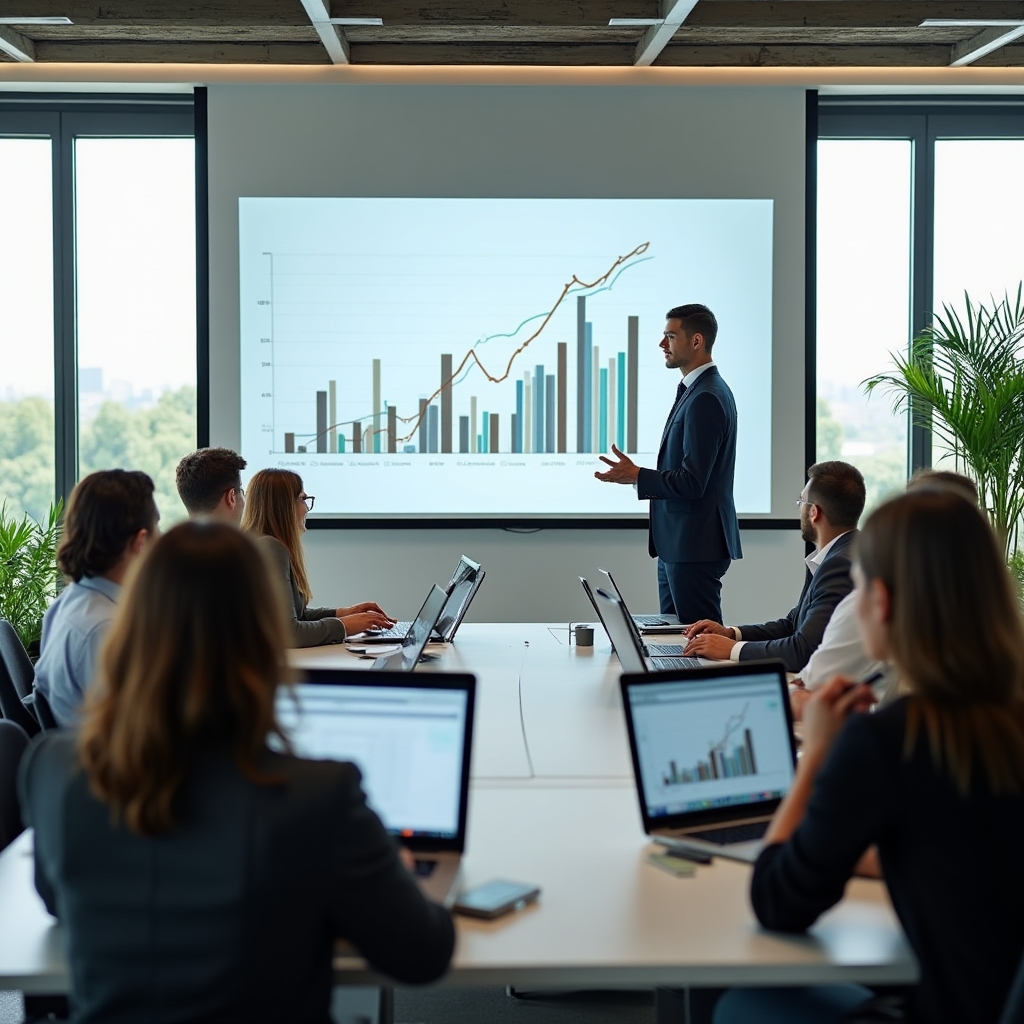 Cohort of professionals in a live training session discussing analytics on screen